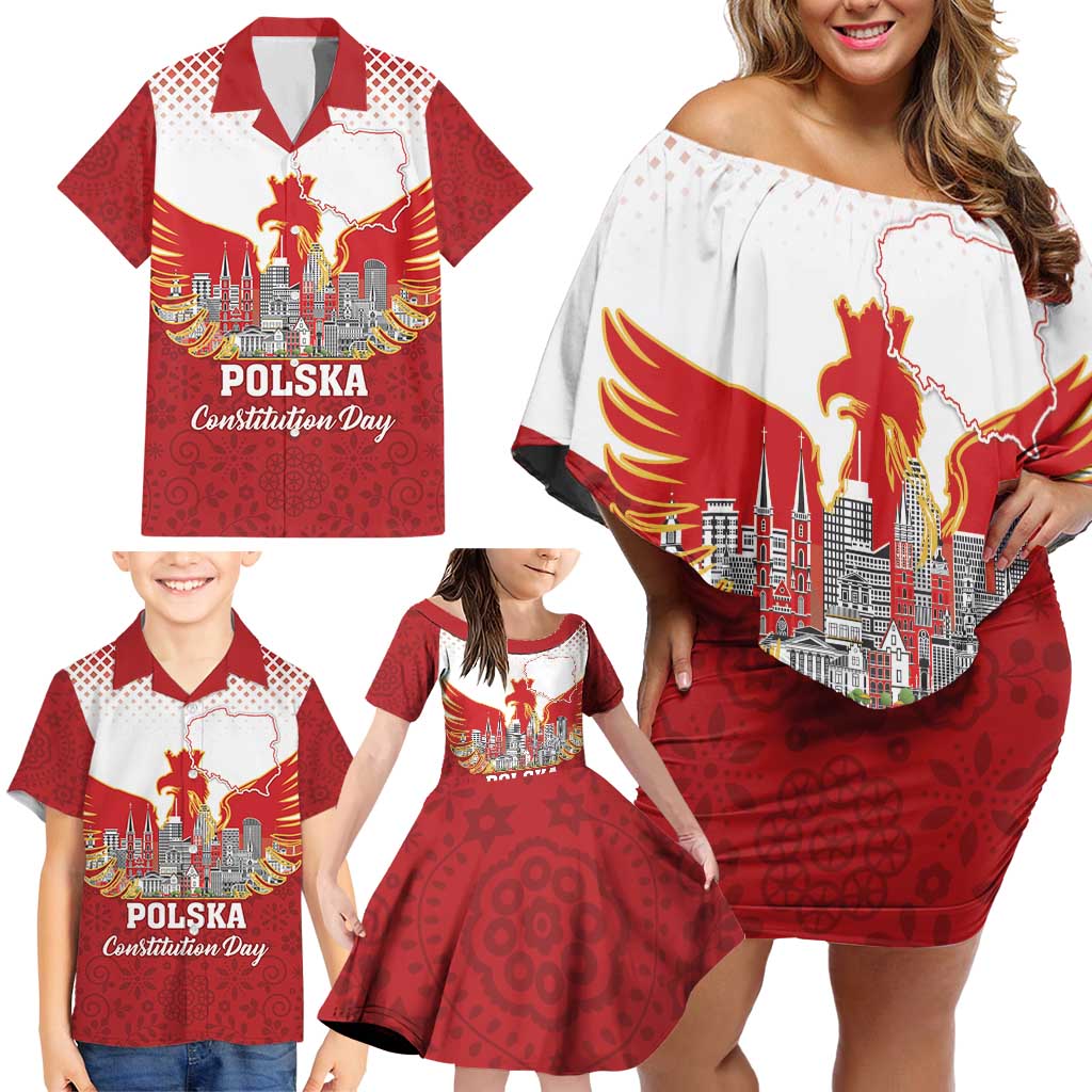 Poland Constitution Day Family Matching Off Shoulder Short Dress and Hawaiian Shirt Warsaw Capital Mazurek Dabrowskiego