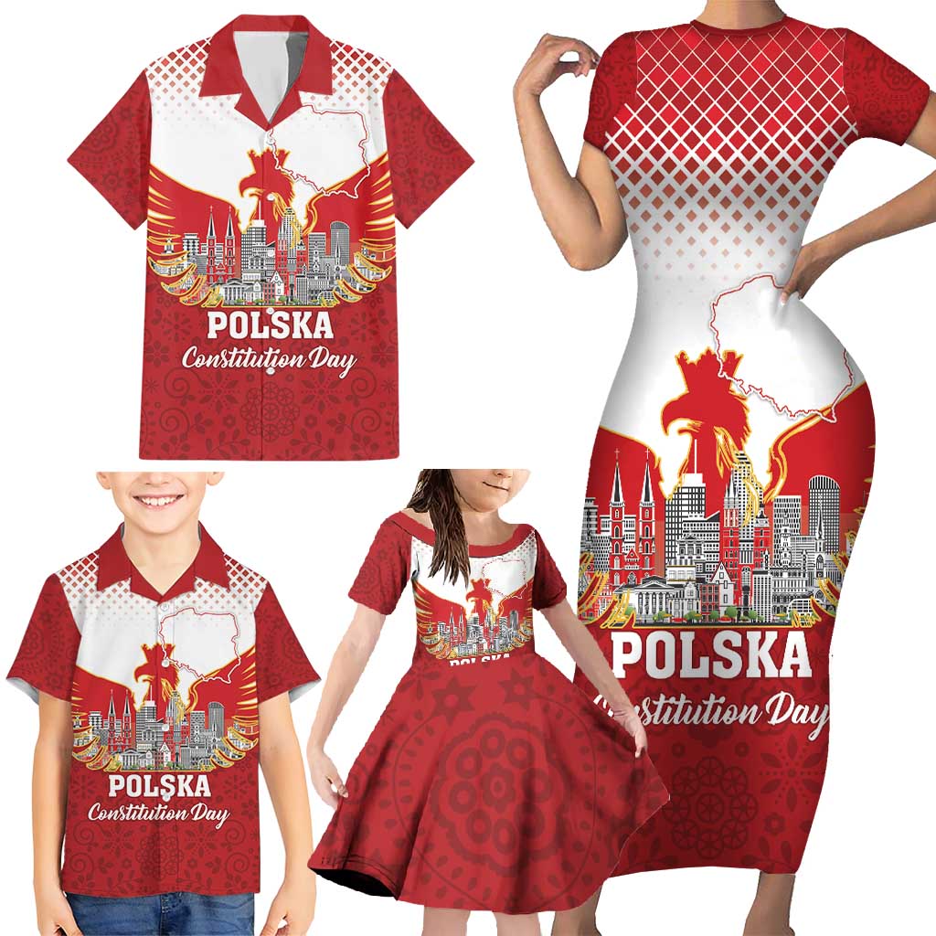 Poland Constitution Day Family Matching Short Sleeve Bodycon Dress and Hawaiian Shirt Warsaw Capital Mazurek Dabrowskiego