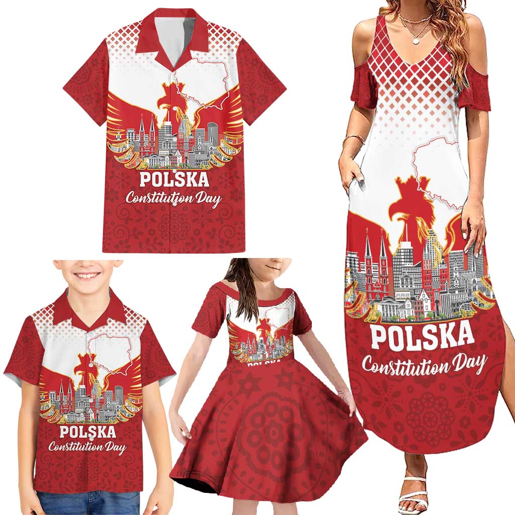 Poland Constitution Day Family Matching Summer Maxi Dress and Hawaiian Shirt Warsaw Capital Mazurek Dabrowskiego