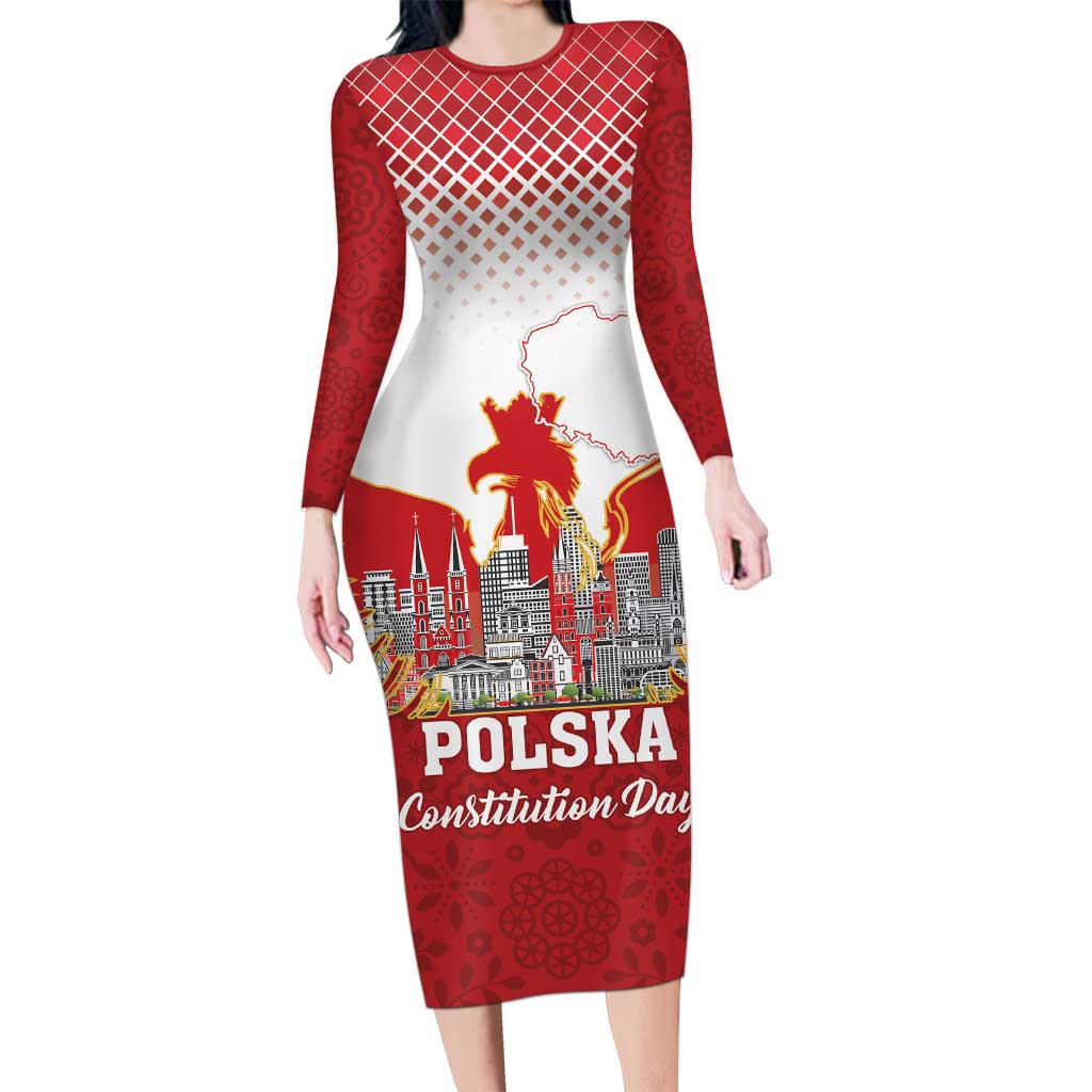 Poland Constitution Day Long Sleeve Bodycon Dress Warsaw Capital Mazurek Dabrowskiego