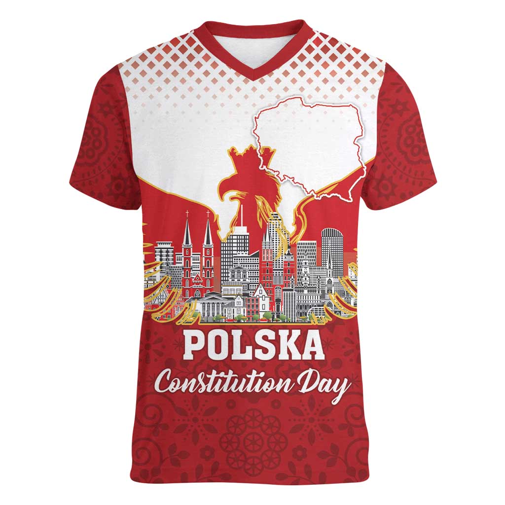 Poland Constitution Day Women V-Neck T-Shirt Warsaw Capital Mazurek Dabrowskiego