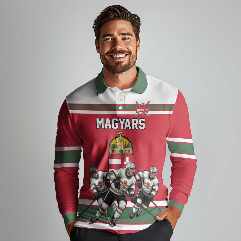 Hungary Hockey Custom Long Sleeve Polo Shirt Magyars Pride National Team