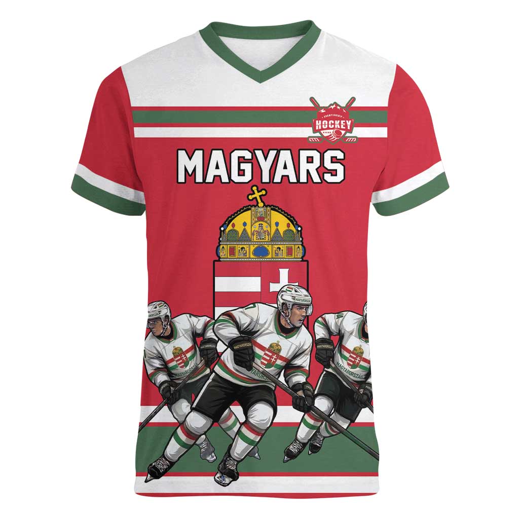 Hungary Hockey Custom Women V-Neck T-Shirt Magyars Pride National Team