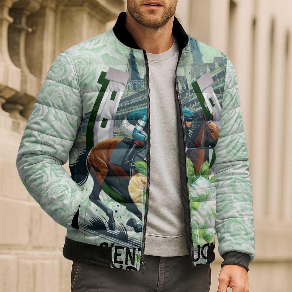 Kentucky Horse Racing Bomber Puffer Jacket Mint Julep Run For The Roses Art