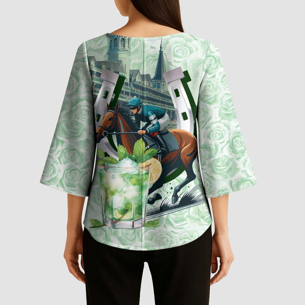 Kentucky Horse Racing Kimono Sleeve Blouse Mint Julep Run For The Roses Art