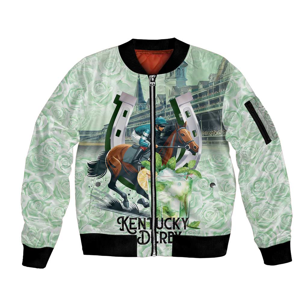 Kentucky Horse Racing Sleeve Zip Bomber Jacket Mint Julep Run For The Roses Art