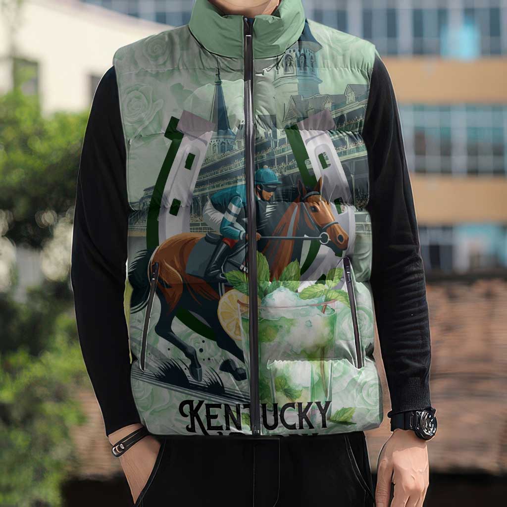 Kentucky Horse Racing Sleeveless Puffer Jacket Mint Julep Run For The Roses Art