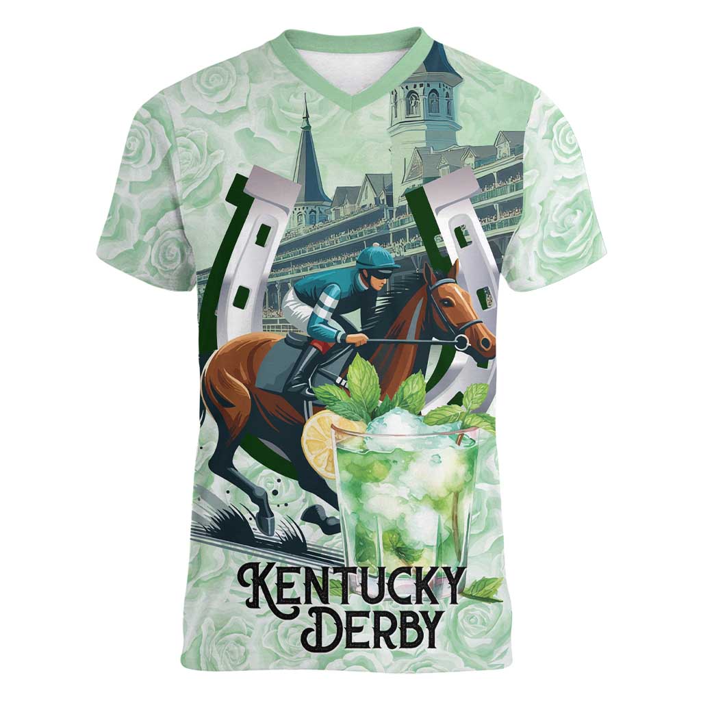 Kentucky Horse Racing Women V-Neck T-Shirt Mint Julep Run For The Roses Art