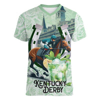 Kentucky Horse Racing Women V-Neck T-Shirt Mint Julep Run For The Roses Art