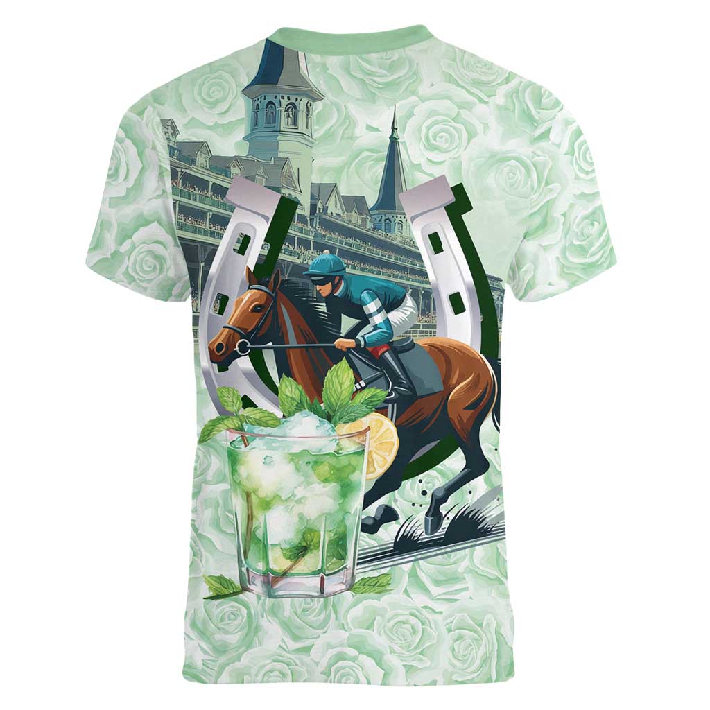 Kentucky Horse Racing Women V-Neck T-Shirt Mint Julep Run For The Roses Art