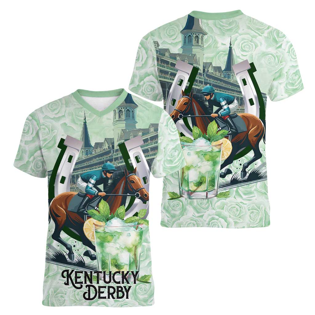 Kentucky Horse Racing Women V-Neck T-Shirt Mint Julep Run For The Roses Art