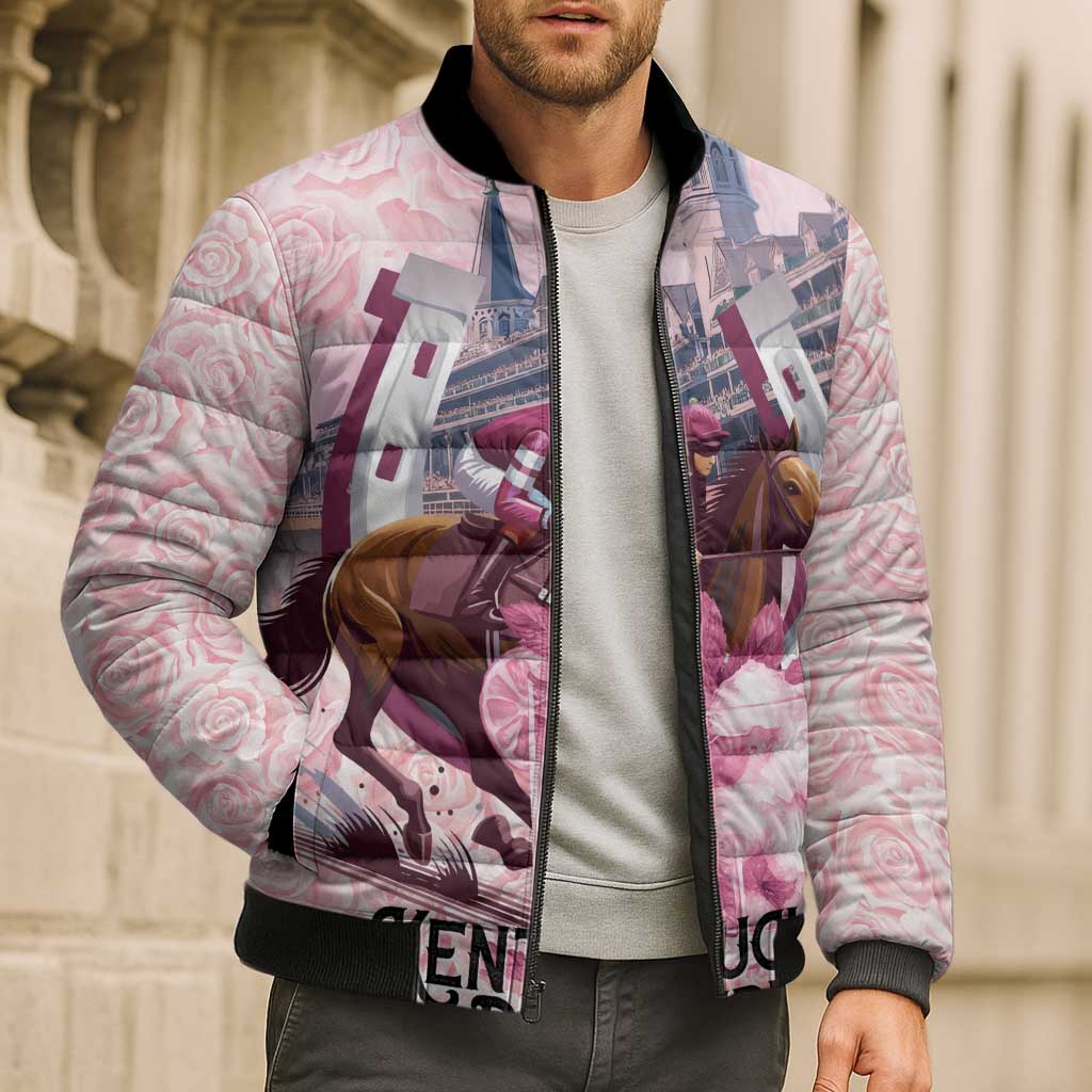 Kentucky Horse Racing Bomber Puffer Jacket Rose Run For The Roses Derby Art