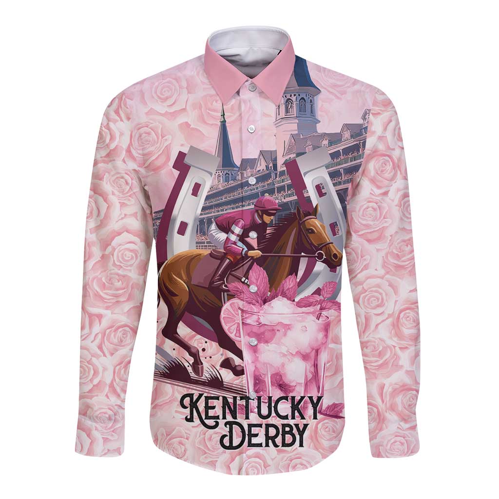 Kentucky Horse Racing Long Sleeve Button Shirt Rose Run For The Roses Derby Art