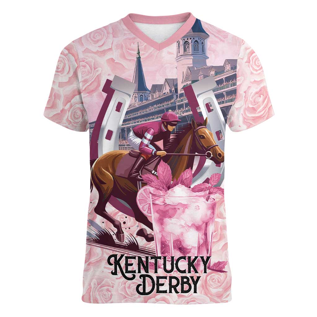Kentucky Horse Racing Women V-Neck T-Shirt Rose Run For The Roses Derby Art