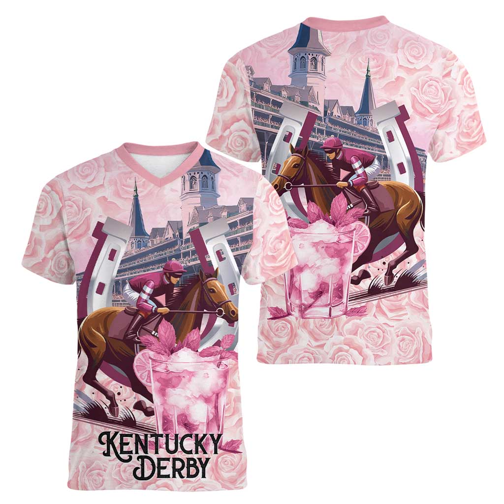 Kentucky Horse Racing Women V-Neck T-Shirt Rose Run For The Roses Derby Art