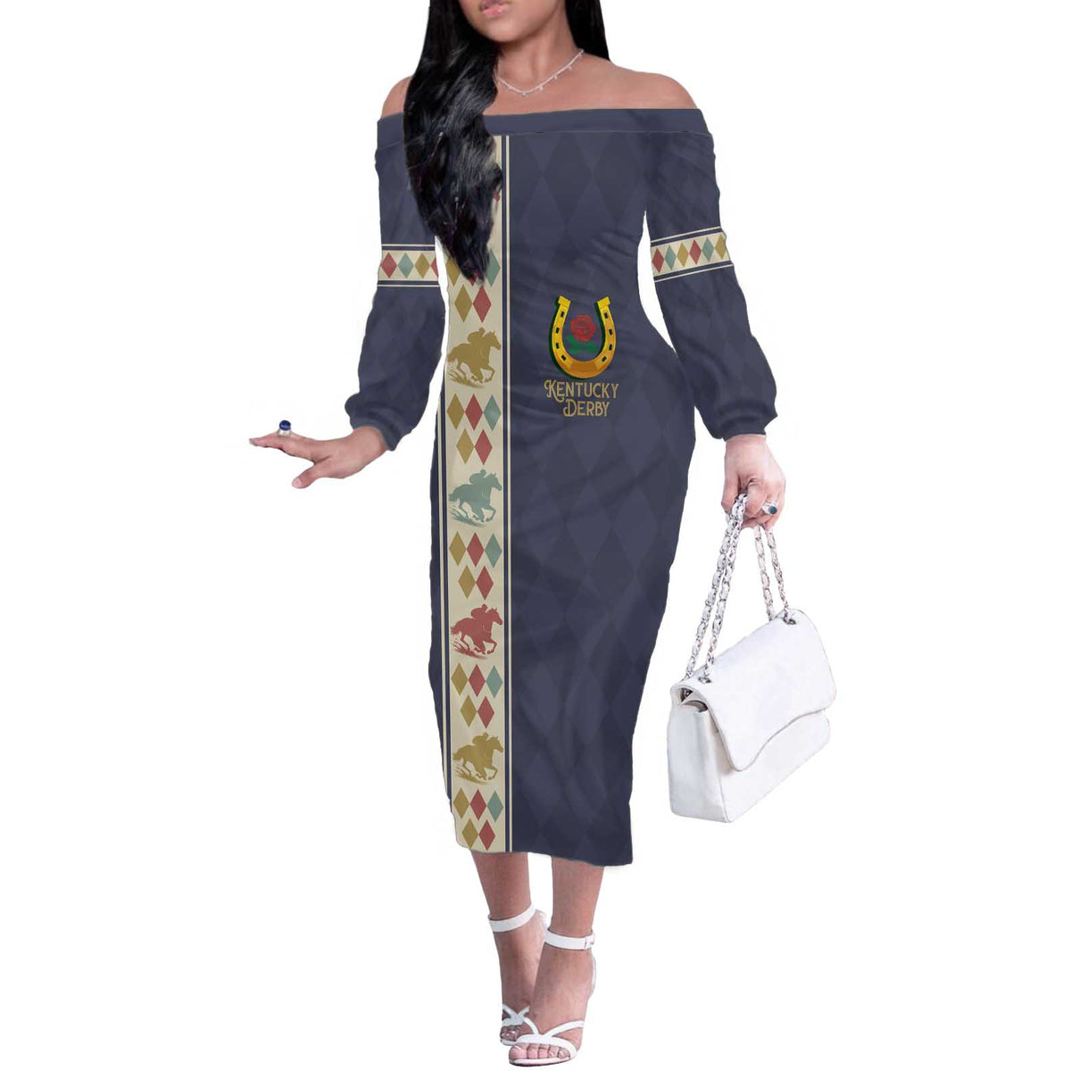 152nd Kentucky Horse Racing Off The Shoulder Long Sleeve Dress Derby Run For The Roses Vintage