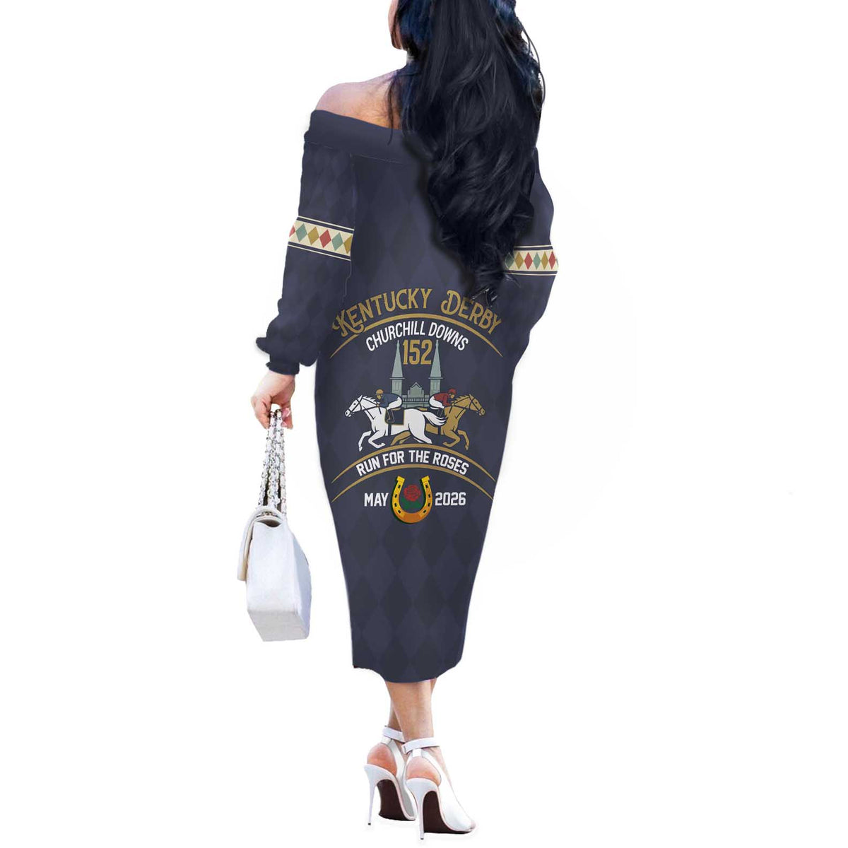 152nd Kentucky Horse Racing Off The Shoulder Long Sleeve Dress Derby Run For The Roses Vintage