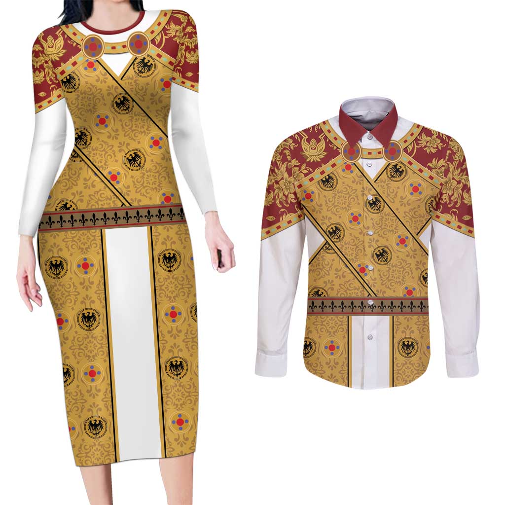 Holy Roman Emperor Costume Couples Matching Long Sleeve Bodycon Dress and Long Sleeve Button Shirt Eagle Sable