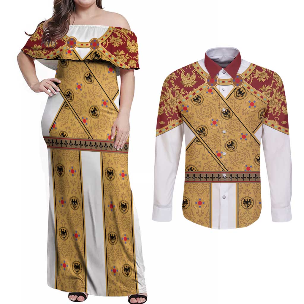 Holy Roman Emperor Costume Couples Matching Off Shoulder Maxi Dress and Long Sleeve Button Shirt Eagle Sable