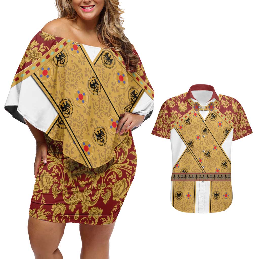 Holy Roman Emperor Costume Couples Matching Off Shoulder Short Dress and Hawaiian Shirt Eagle Sable