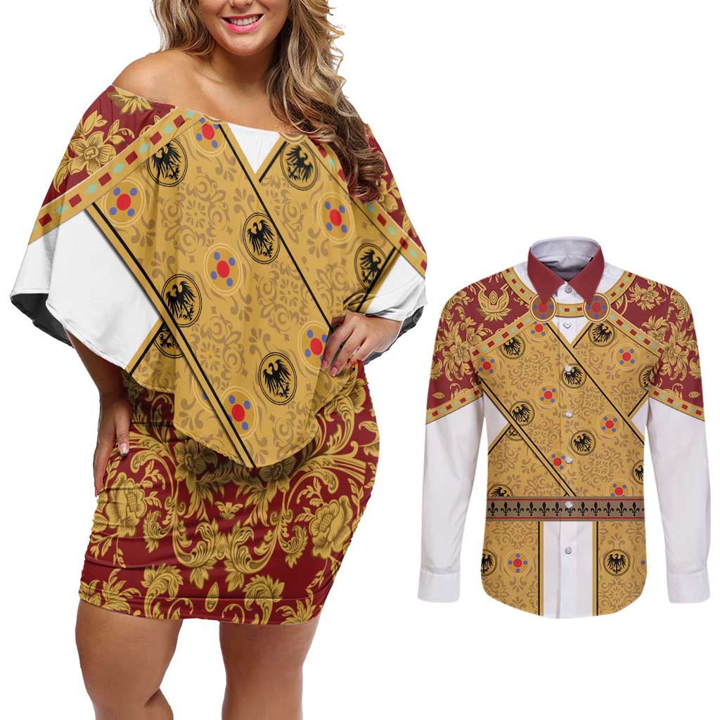 Holy Roman Emperor Costume Couples Matching Off Shoulder Short Dress and Long Sleeve Button Shirt Eagle Sable