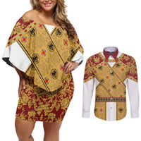 Holy Roman Emperor Costume Couples Matching Off Shoulder Short Dress and Long Sleeve Button Shirt Eagle Sable