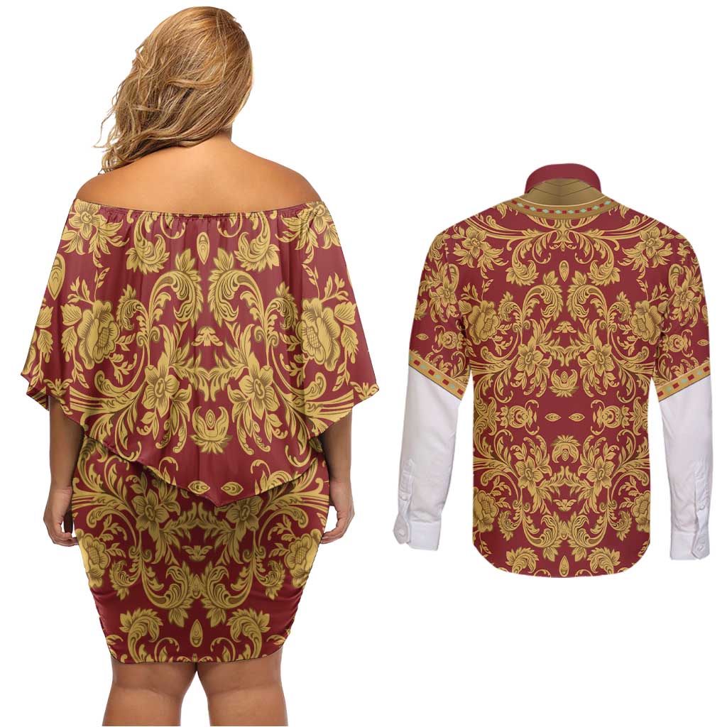 Holy Roman Emperor Costume Couples Matching Off Shoulder Short Dress and Long Sleeve Button Shirt Eagle Sable