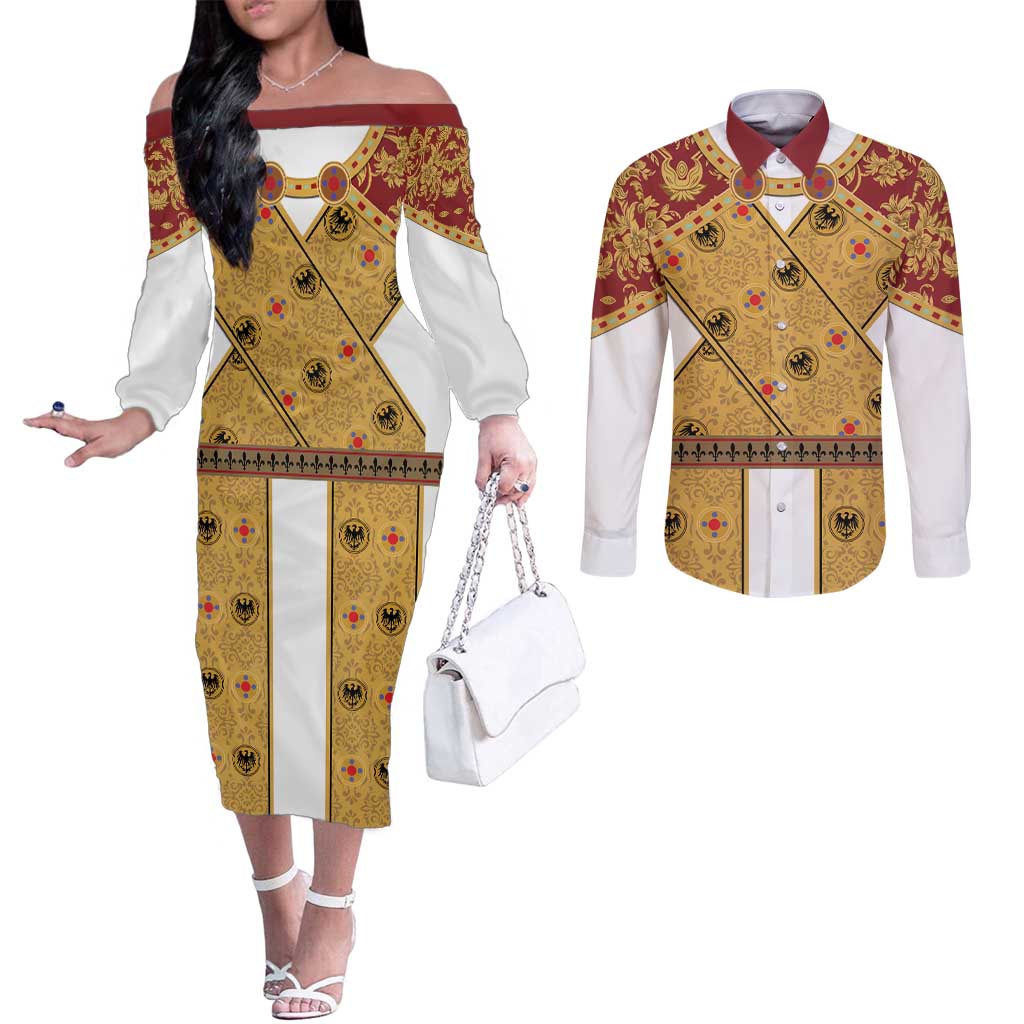 Holy Roman Emperor Costume Couples Matching Off The Shoulder Long Sleeve Dress and Long Sleeve Button Shirt Eagle Sable
