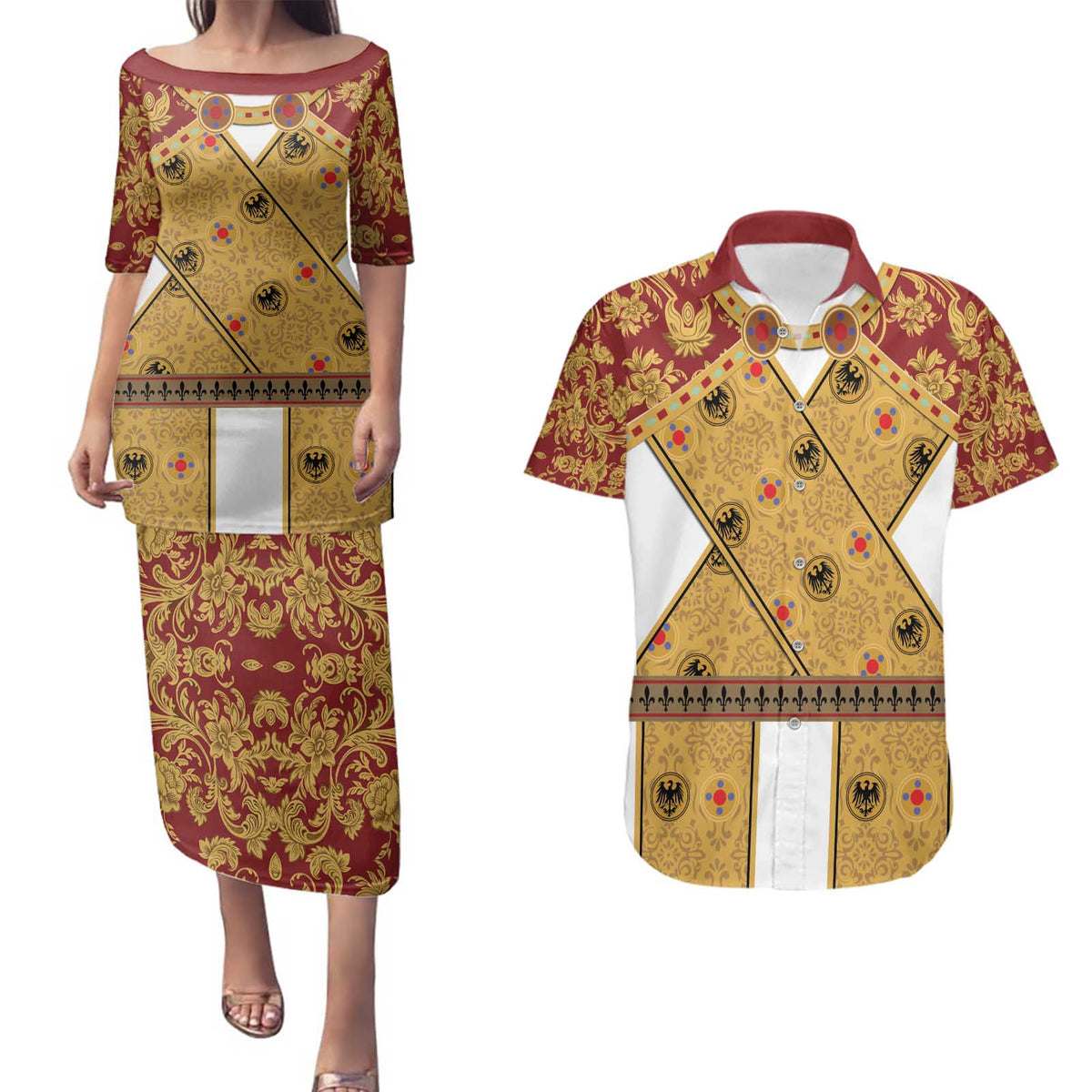 Holy Roman Emperor Costume Couples Matching Puletasi and Hawaiian Shirt Eagle Sable