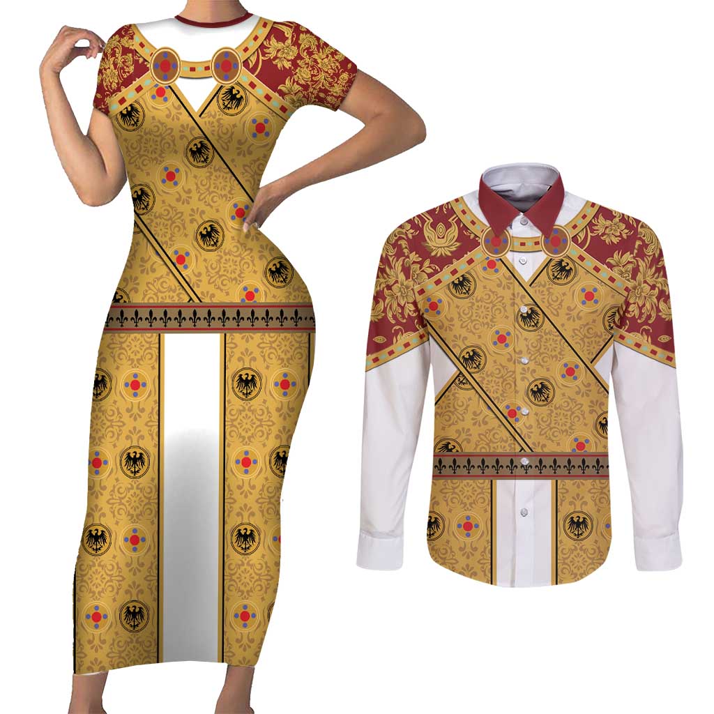 Holy Roman Emperor Costume Couples Matching Short Sleeve Bodycon Dress and Long Sleeve Button Shirt Eagle Sable