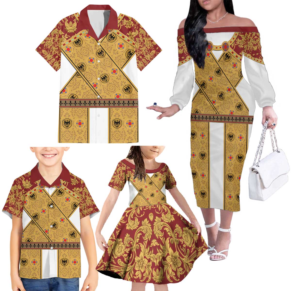 Holy Roman Emperor Costume Family Matching Off The Shoulder Long Sleeve Dress and Hawaiian Shirt Eagle Sable