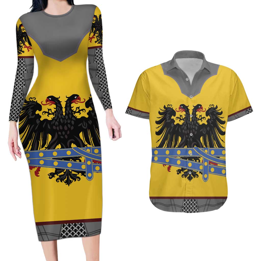 Century Holy Roman Empire Knight Costume Couples Matching Long Sleeve Bodycon Dress and Hawaiian Shirt