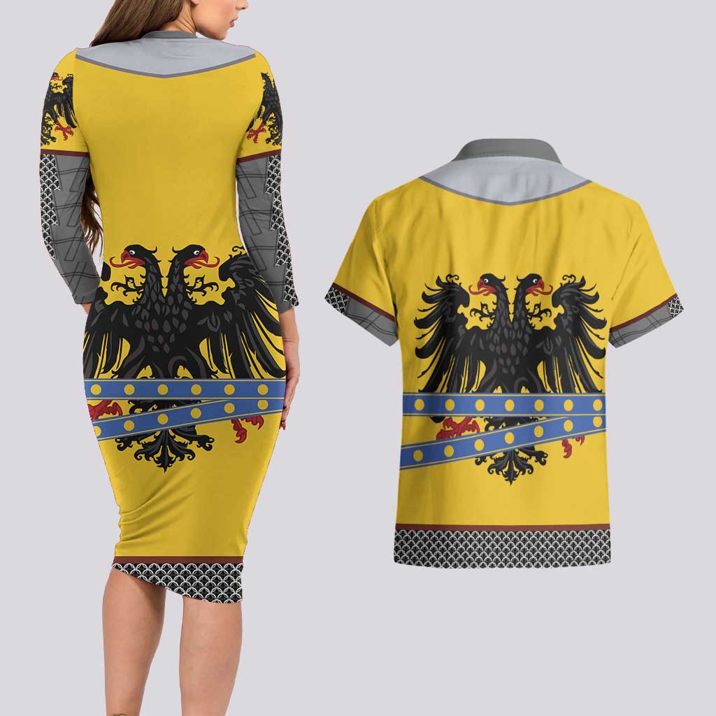 Century Holy Roman Empire Knight Costume Couples Matching Long Sleeve Bodycon Dress and Hawaiian Shirt