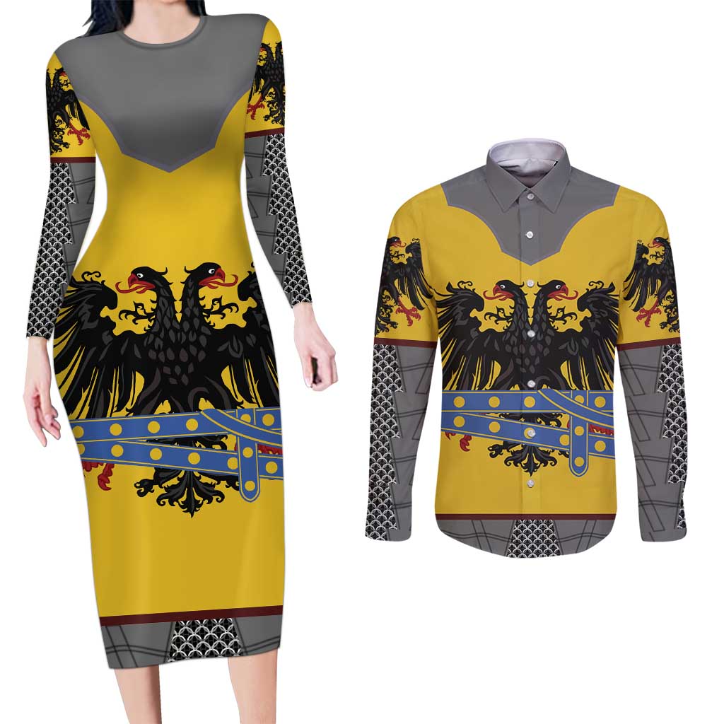 Century Holy Roman Empire Knight Costume Couples Matching Long Sleeve Bodycon Dress and Long Sleeve Button Shirt