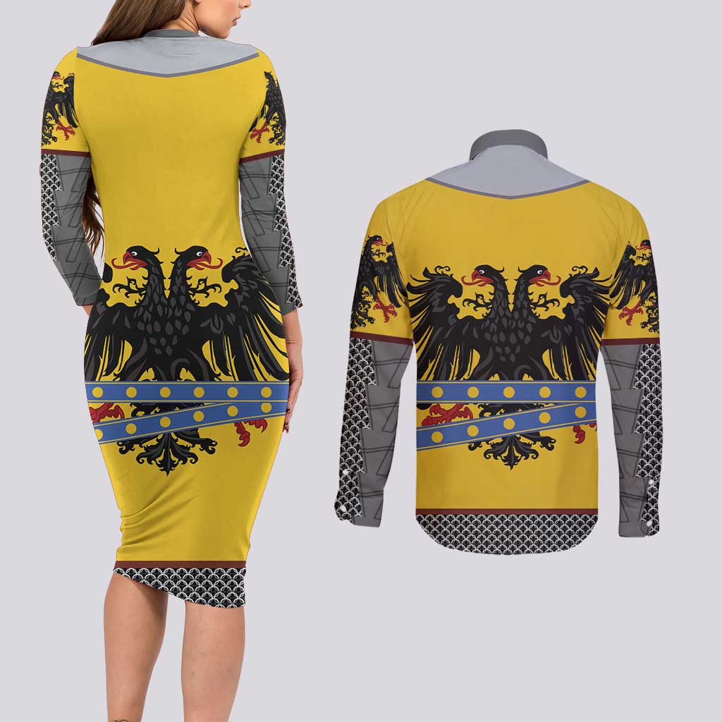 Century Holy Roman Empire Knight Costume Couples Matching Long Sleeve Bodycon Dress and Long Sleeve Button Shirt