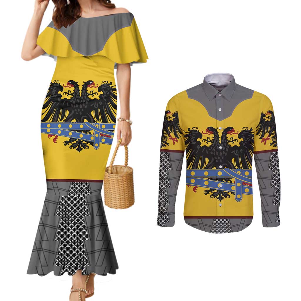 Century Holy Roman Empire Knight Costume Couples Matching Mermaid Dress and Long Sleeve Button Shirt