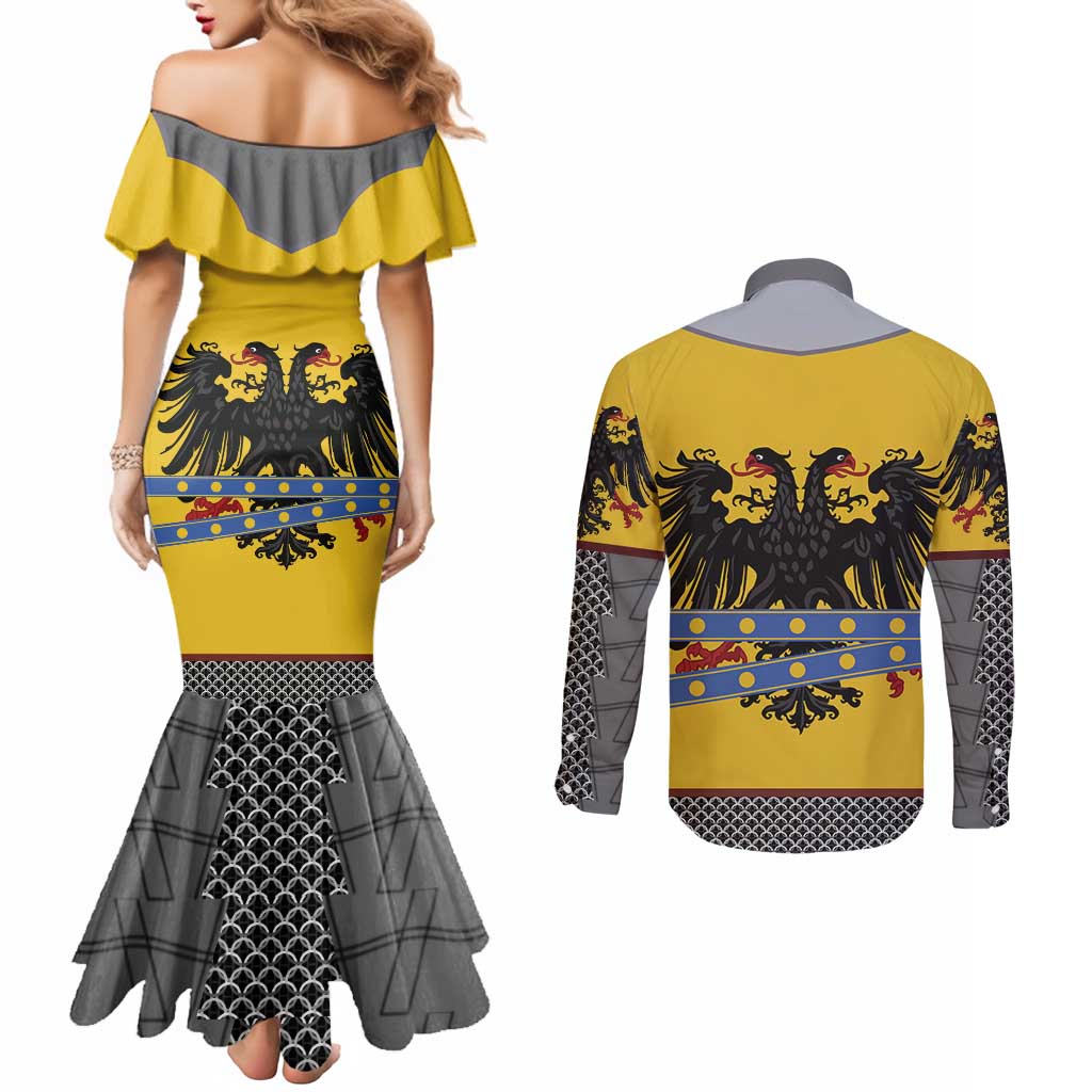 Century Holy Roman Empire Knight Costume Couples Matching Mermaid Dress and Long Sleeve Button Shirt