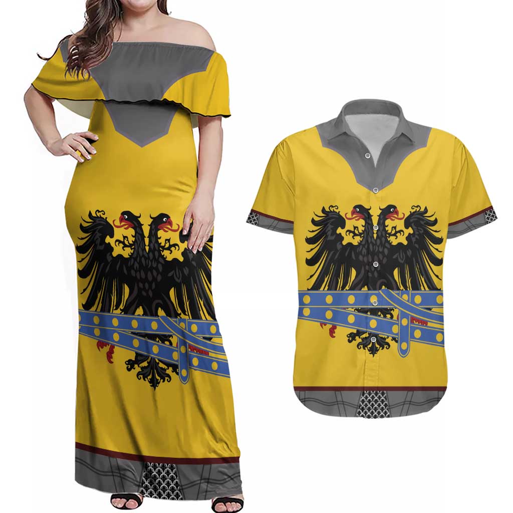 Century Holy Roman Empire Knight Costume Couples Matching Off Shoulder Maxi Dress and Hawaiian Shirt