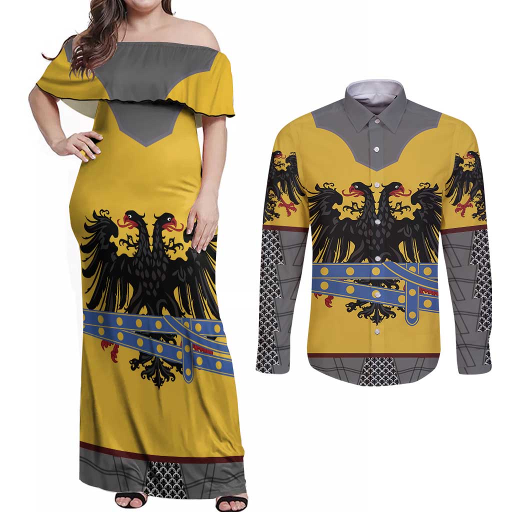 Century Holy Roman Empire Knight Costume Couples Matching Off Shoulder Maxi Dress and Long Sleeve Button Shirt