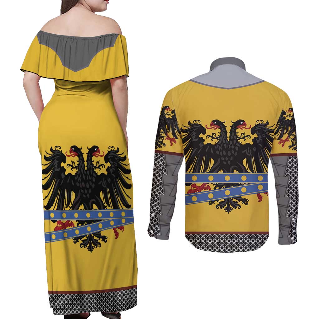 Century Holy Roman Empire Knight Costume Couples Matching Off Shoulder Maxi Dress and Long Sleeve Button Shirt
