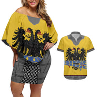 Century Holy Roman Empire Knight Costume Couples Matching Off Shoulder Short Dress and Hawaiian Shirt