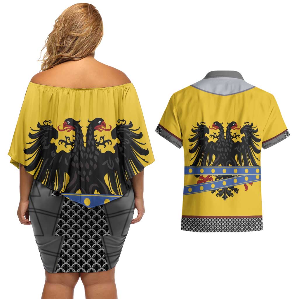 Century Holy Roman Empire Knight Costume Couples Matching Off Shoulder Short Dress and Hawaiian Shirt