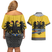Century Holy Roman Empire Knight Costume Couples Matching Off Shoulder Short Dress and Hawaiian Shirt