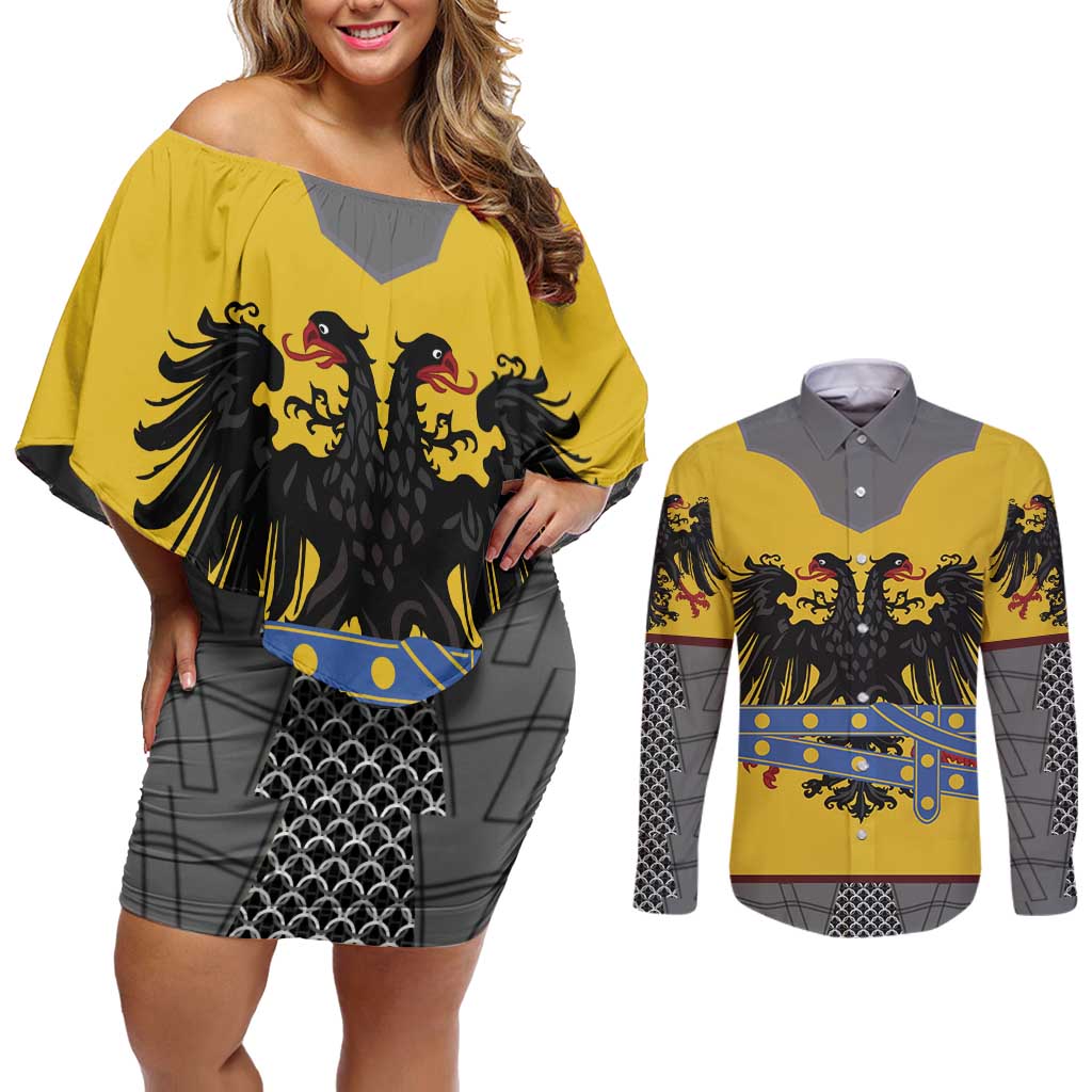 Century Holy Roman Empire Knight Costume Couples Matching Off Shoulder Short Dress and Long Sleeve Button Shirt