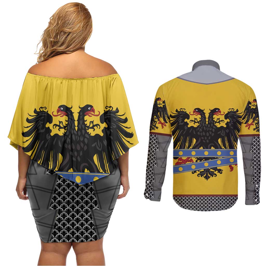 Century Holy Roman Empire Knight Costume Couples Matching Off Shoulder Short Dress and Long Sleeve Button Shirt