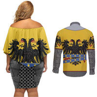 Century Holy Roman Empire Knight Costume Couples Matching Off Shoulder Short Dress and Long Sleeve Button Shirt