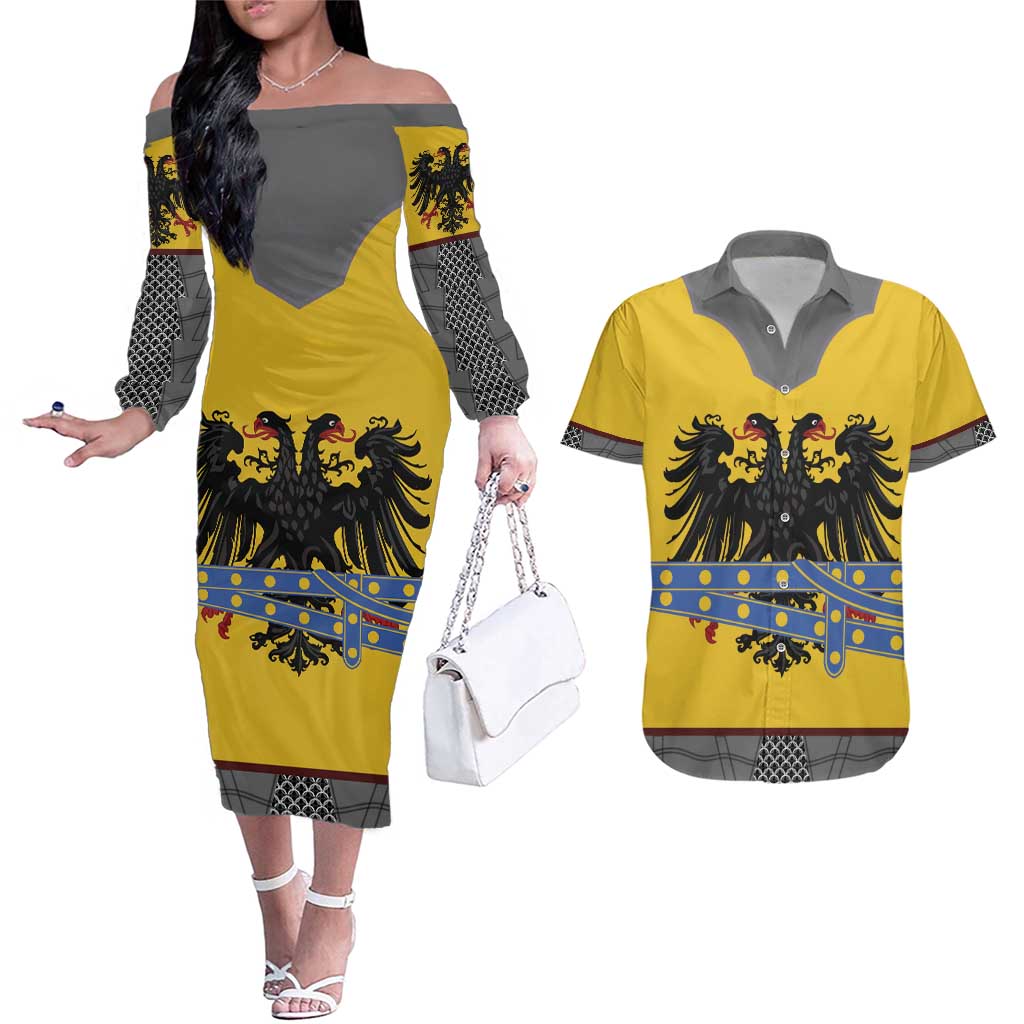 Century Holy Roman Empire Knight Costume Couples Matching Off The Shoulder Long Sleeve Dress and Hawaiian Shirt