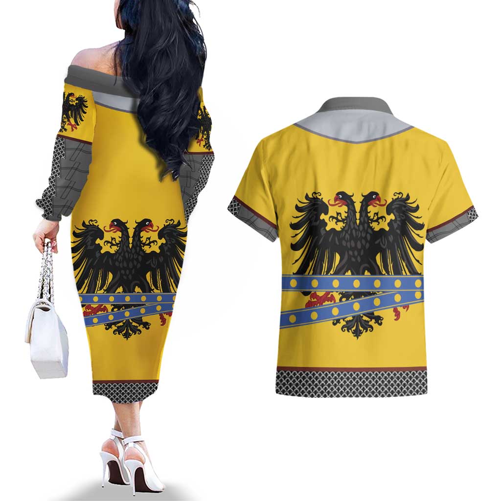 Century Holy Roman Empire Knight Costume Couples Matching Off The Shoulder Long Sleeve Dress and Hawaiian Shirt