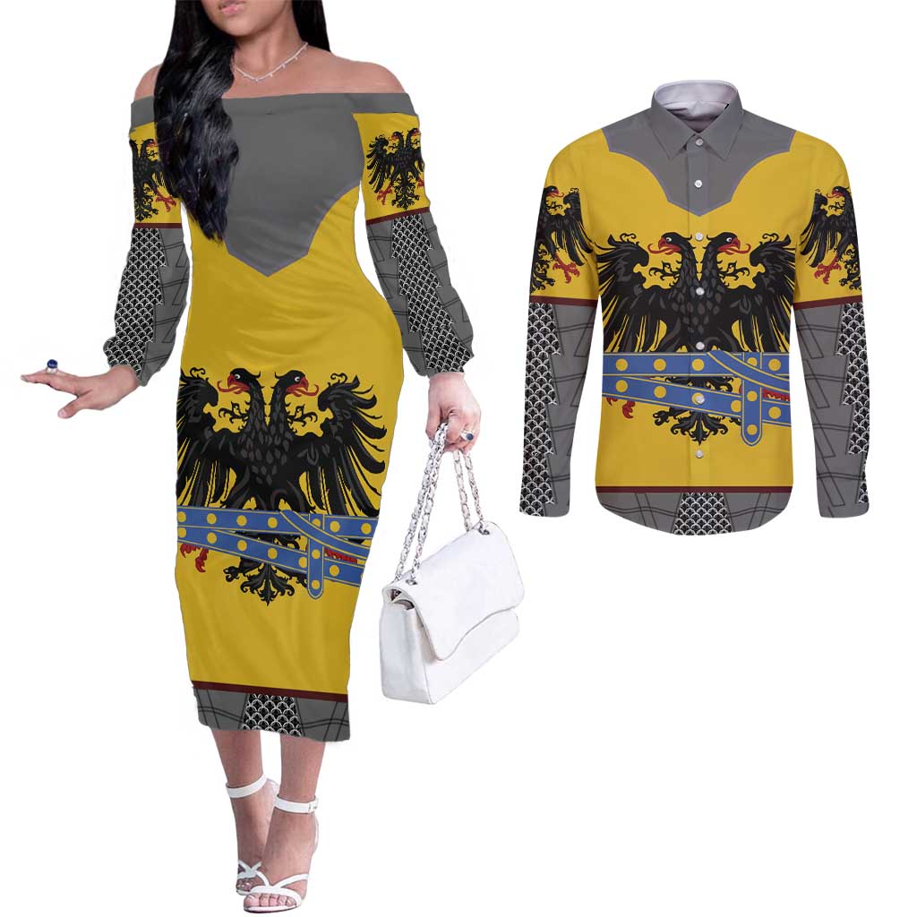 Century Holy Roman Empire Knight Costume Couples Matching Off The Shoulder Long Sleeve Dress and Long Sleeve Button Shirt