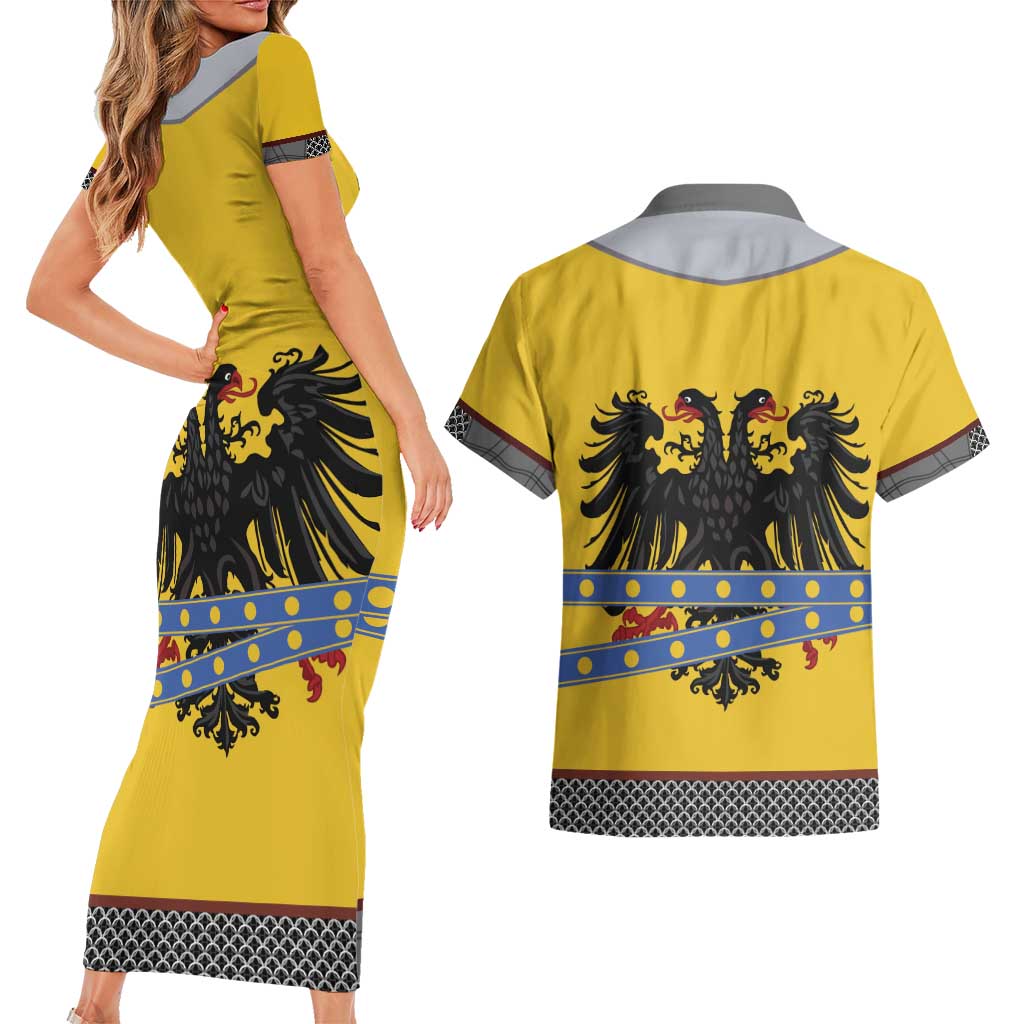 Century Holy Roman Empire Knight Costume Couples Matching Short Sleeve Bodycon Dress and Hawaiian Shirt